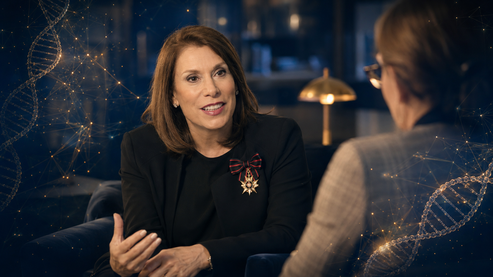 Dr. Robin L. Smith in thoughtful conversation with DNA and technology motifs
