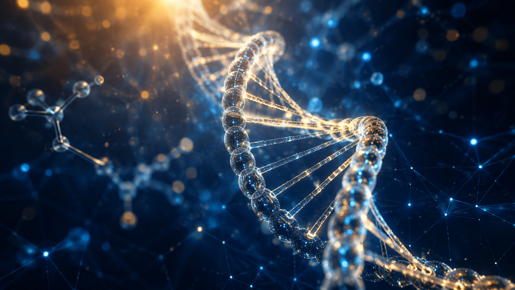 Glowing DNA helix in blue and gold molecular space